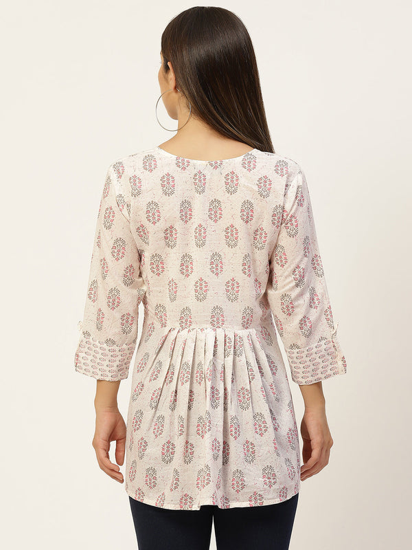 Women White & Baby Pink Cotton Printed A-Line Kurti