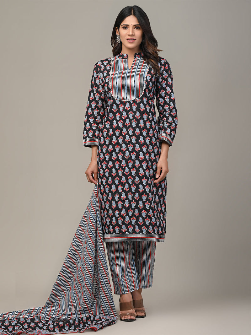 Cotton Printed Black Kurta Set with Dupatta