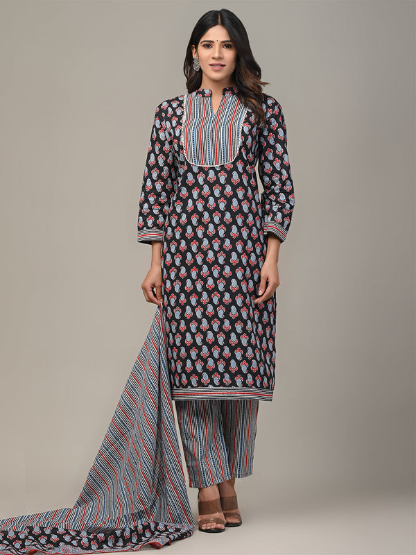 Cotton Printed Black Kurta Set with Dupatta