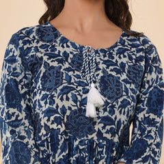 Cotton Printed Navy Blue Floral Dress