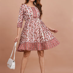 Cotton Printed Cream Paisley Dress