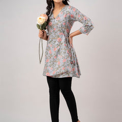 Cotton Printed Grey Angrakha Short Tunic