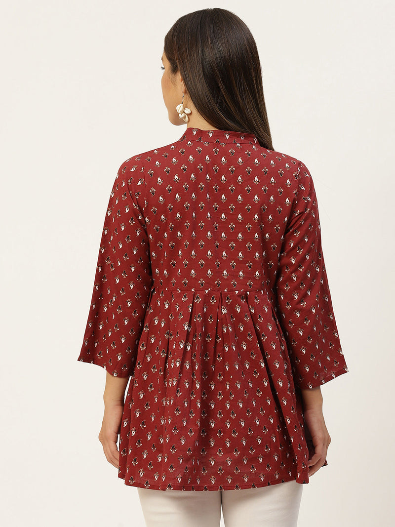 Women Red Pleated A-Line Designer Short Kurti