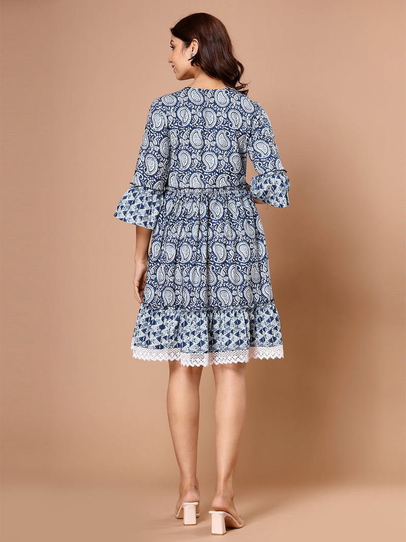 Cotton Printed Navy Blue Ethnic Motifs Dress