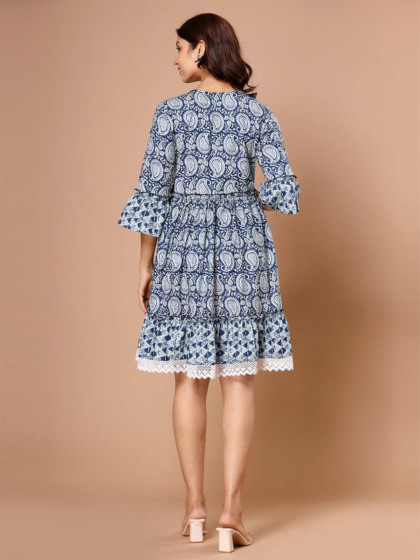 Cotton Printed Navy Blue Ethnic Motifs Dress
