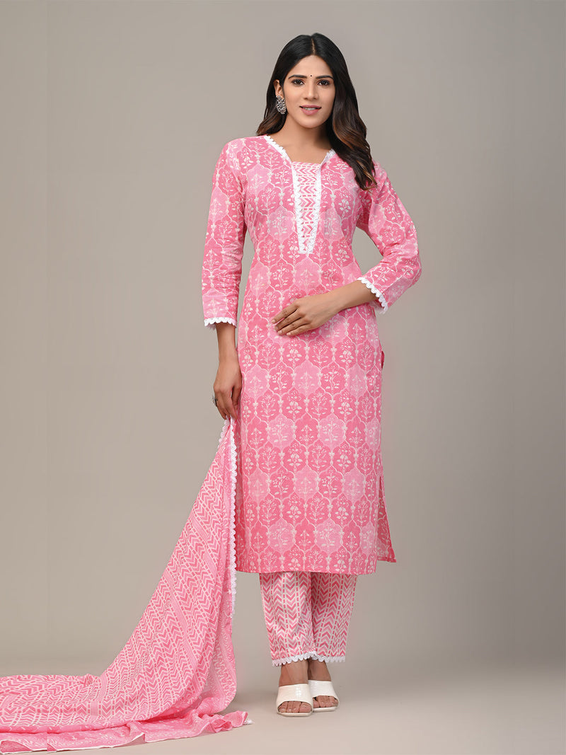 Cotton Printed Pink Kurta Set with Dupatta