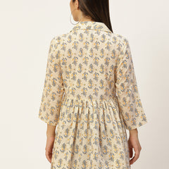 Women Yellow Collared Printed Flared Kurti