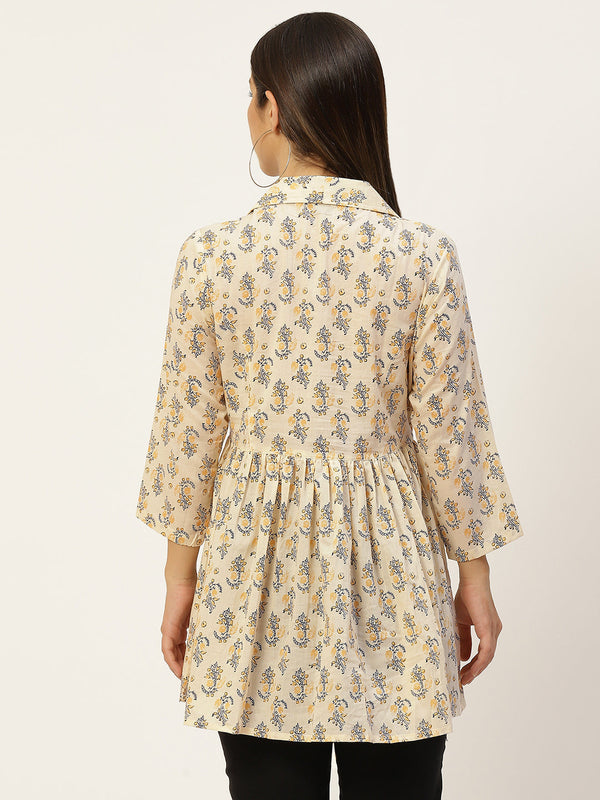Women Yellow Collared Printed Flared Kurti