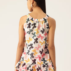 Cropped Sleeveless Elasticated Neck Bottom Flared Top with digital print on linen fabric.  | Size- Small |  Colour - White, Pink, Grey, Yellow