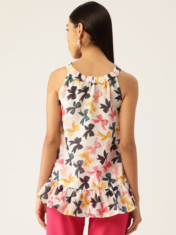 Cropped Sleeveless Elasticated Neck Bottom Flared Top with digital print on linen fabric.  | Size- Small |  Colour - White, Pink, Grey, Yellow