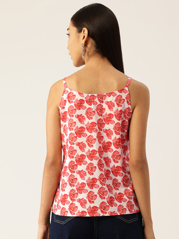 Relaxed fit strappy sleeveless top digitally printed on linen fabric.  | Size- Small |  Colour - White, red