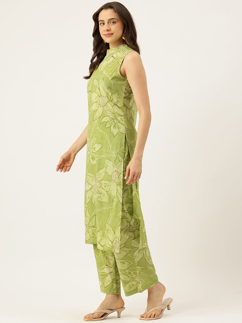 Floral Sleeveless Cotton Co-Ord Set with Choker Neckline – Pure Cotton | Sizes S–XXL