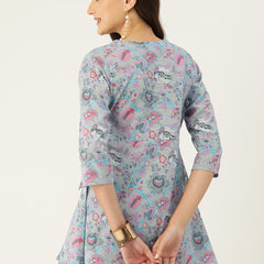 Floral Print Angrakha 3\4 Sleeves Flared Kurti