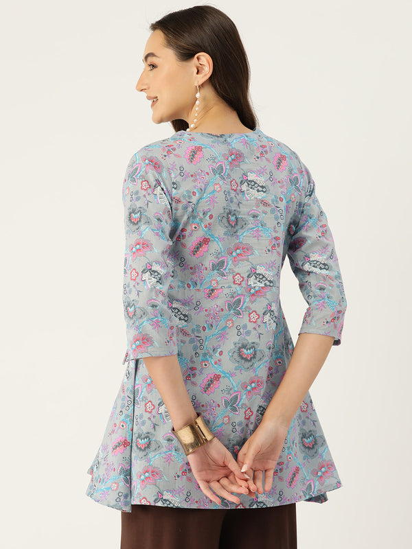 Floral Print Angrakha 3\4 Sleeves Flared Kurti