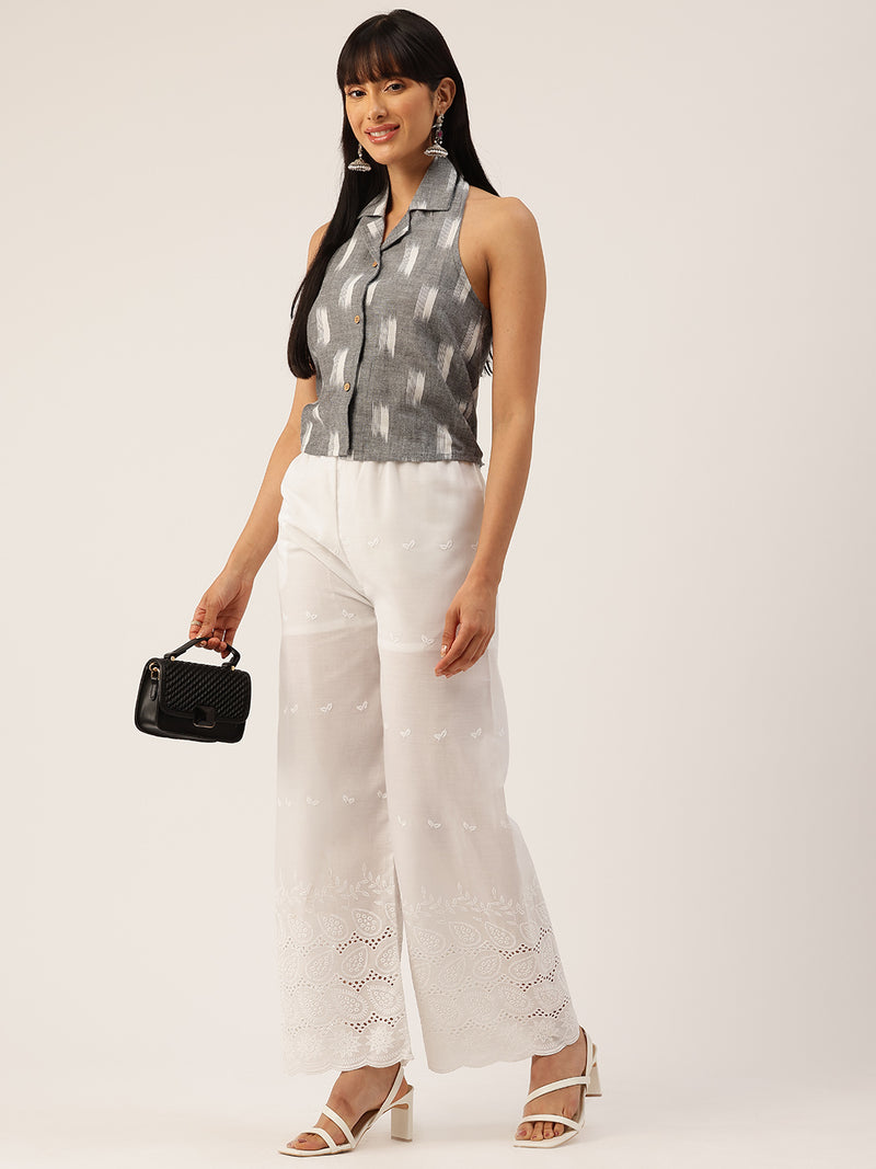 White Embroidered Palazzos–Fully Lined, Elastic Waist & Ankle-Length with Side Pocket