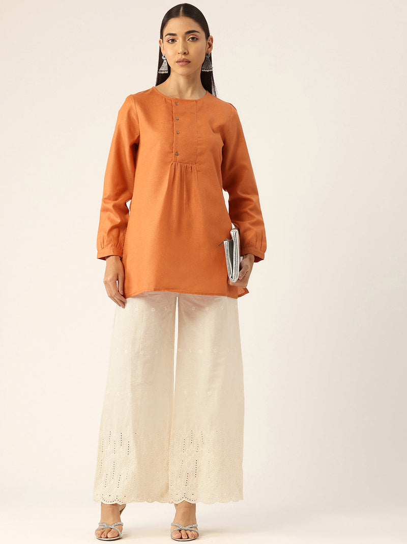 Beige Palazzos | Embroidered Elegnace With Elastic Waist & Single Pocket
