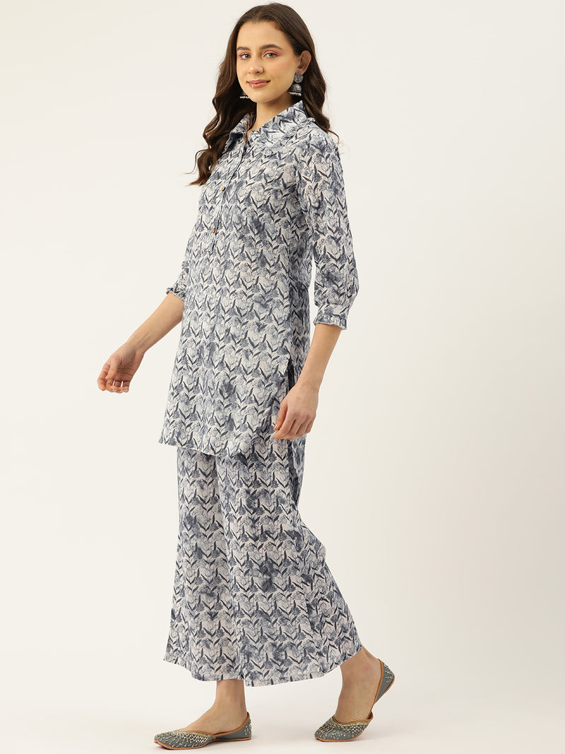 Grey Elegant Collared Co-Ord Set with Frill Detail & Elasticated Pants