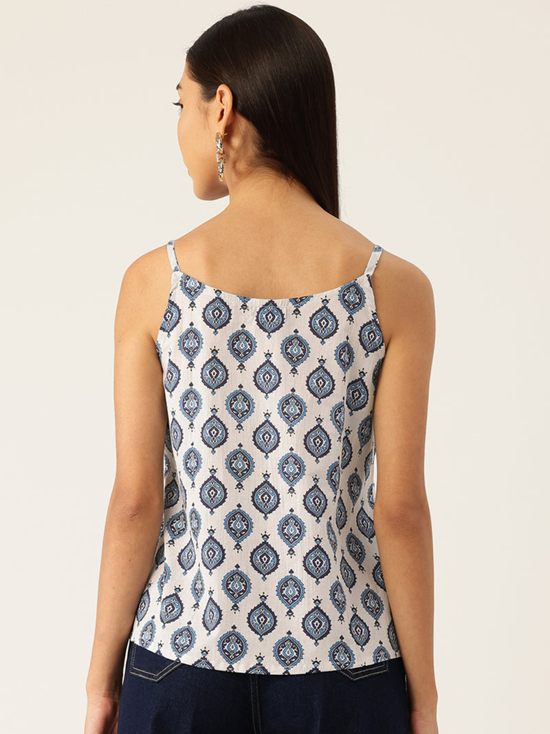 Relaxed fit strappy sleeveless top digitally printed on linen fabric.  | Size- Small  |  Colour - White, Blue