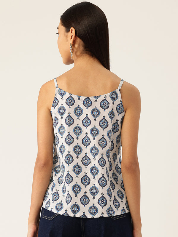 Relaxed fit strappy sleeveless top digitally printed on linen fabric.  | Size- Small  |  Colour - White, Blue
