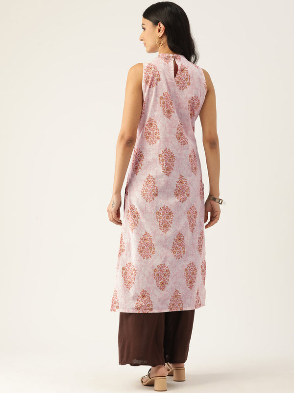Cotton Printed Sleeveless Straight Long Kurti