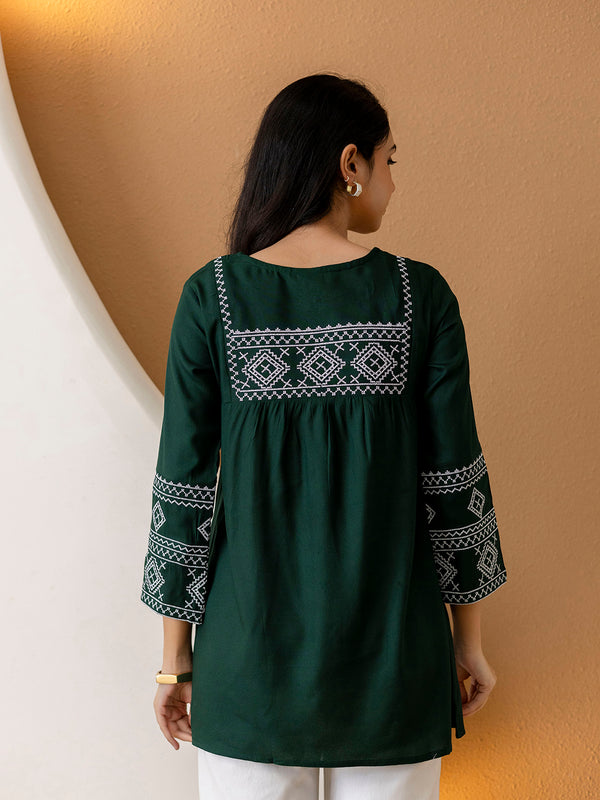 Solid Hip Length Embrioded 3/4 Sleeves Kurti