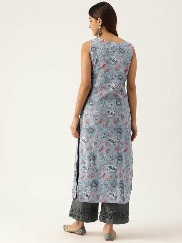 Cotton Boat Neck Sleeveless Straight Kurti