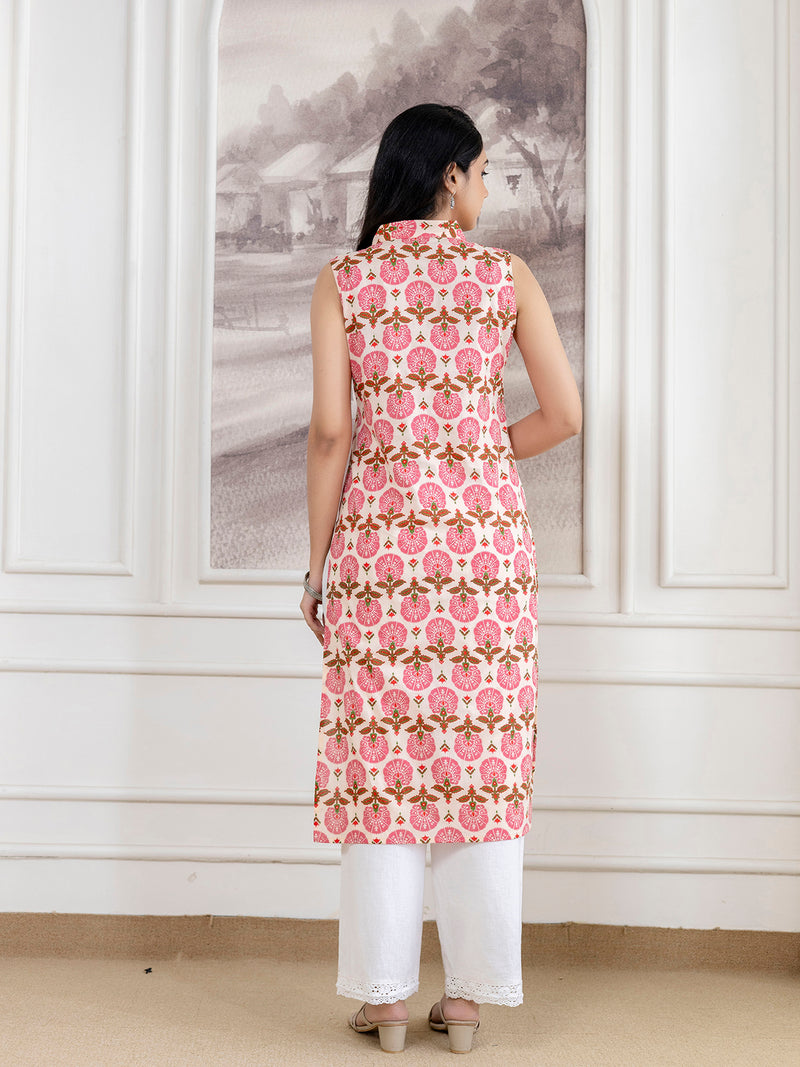 Elegant Sleeveless Cotton Printed Straight Kurta with Refined V-Neckline