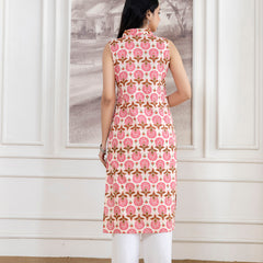 Elegant Sleeveless Cotton Printed Straight Kurta with Refined V-Neckline