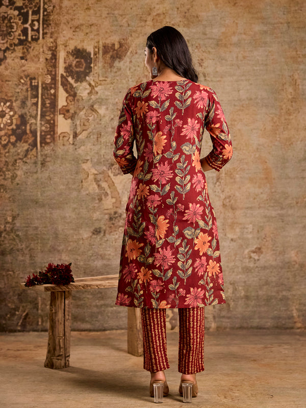 Pure Cotton Red Bordered V-Neck 3-Piece Kurta Set with Printed Dupatta