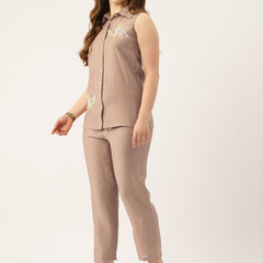 Beige Women's Embroidered Co-ord Set - Viscose Fabric Sleeveless Shirt and Pant