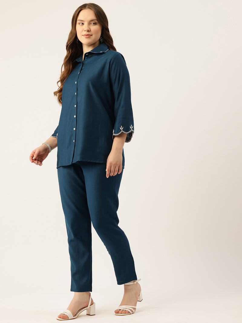 Blue Women's Embroidered Co-ord Set - Viscose Fabric Sleeveless Shirt and Pant