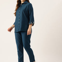 Blue Women's Embroidered Co-ord Set - Viscose Fabric Sleeveless Shirt and Pant