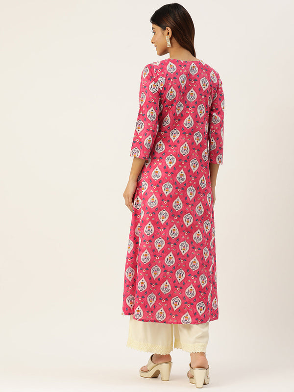 Floral Print 4 Button Angrakha Long Kurti