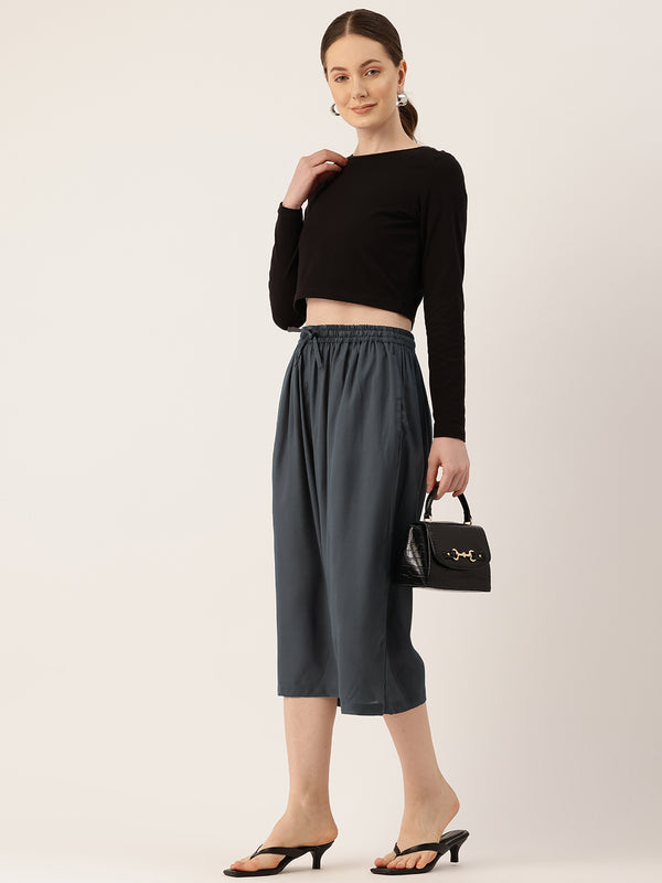 Women's Culottes | Calf-Length Pants with Double Pockets & Elastic Waistband