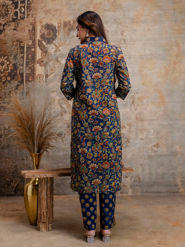 Pure Cotton Blue V-Neck 3-Piece Kurta Set with Printed Dupatta