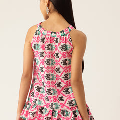 Cropped Sleeveless Elasticated Neck Bottom Flared Top with digital print on linen fabric.  | Size- Small  |  Colour - White, Pink, Green