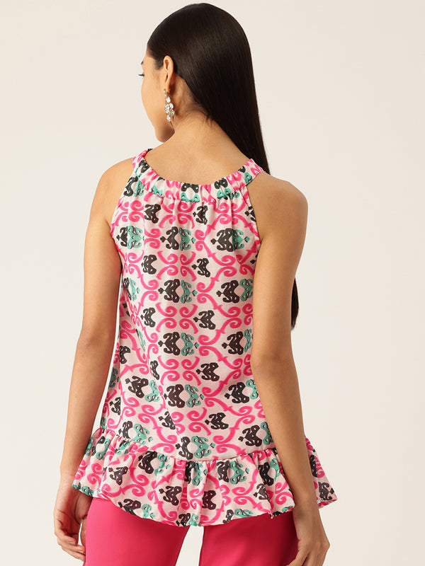 Cropped Sleeveless Elasticated Neck Bottom Flared Top with digital print on linen fabric.  | Size- Small  |  Colour - White, Pink, Green