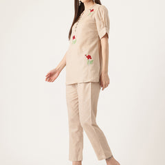 Beige Women's Embroidered Co-ord Set - Viscose Fabric Full Sleeve Shirt and Pant