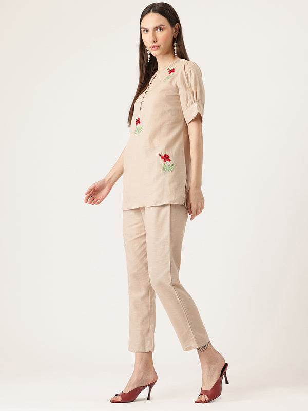 Beige Women's Embroidered Co-ord Set - Viscose Fabric Full Sleeve Shirt and Pant