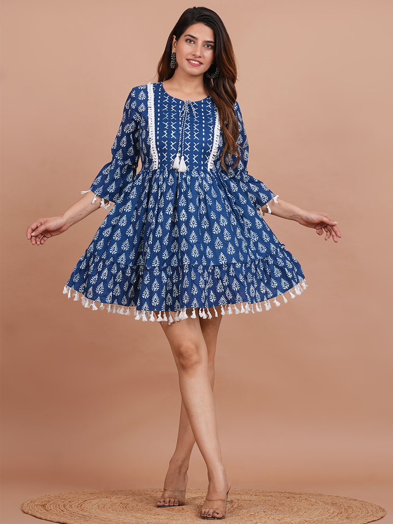 Floral Cotton Flared Dress (S–XXL | 3/4 Sleeves) – Breezy Comfort with Feminine Flow