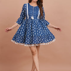 Floral Cotton Flared Dress (S–XXL | 3/4 Sleeves) – Breezy Comfort with Feminine Flow