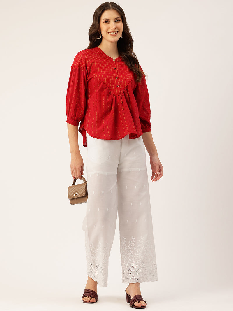 White Embroidered Palazzos–Fully Lined, Elastic Waist & Ankle-Length with Side Pocket