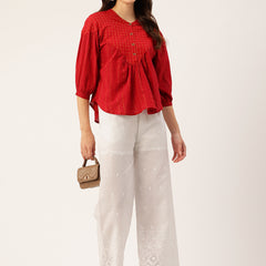 White Embroidered Palazzos–Fully Lined, Elastic Waist & Ankle-Length with Side Pocket