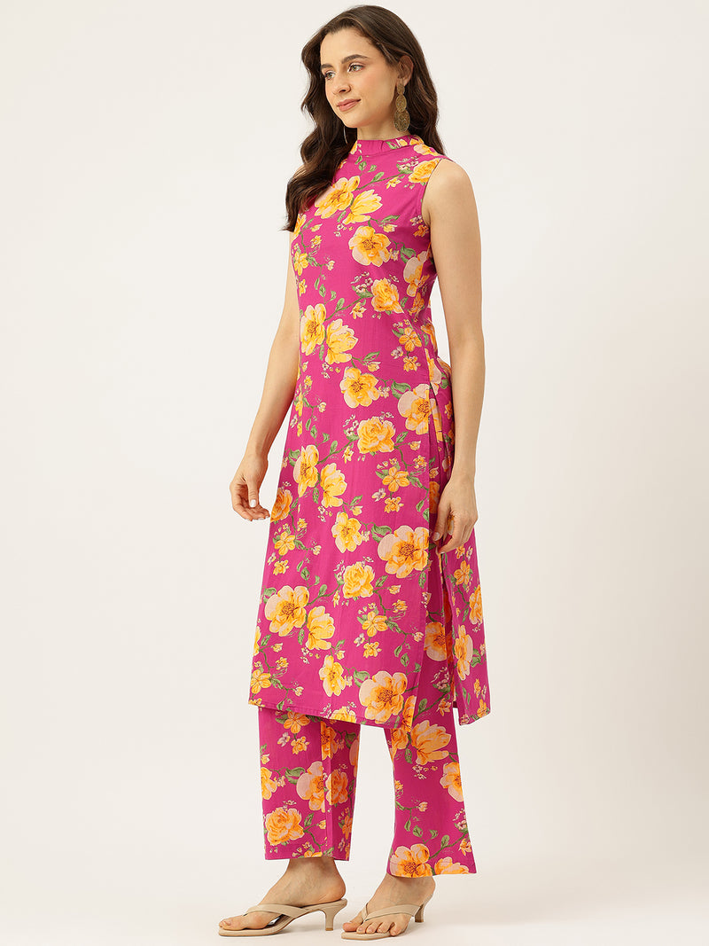 Floral Sleeveless Cotton Co-Ord Set with Choker Neckline – Pure Cotton | Sizes S–XXL
