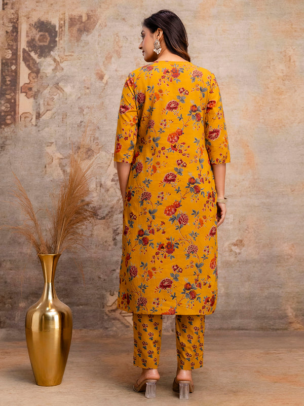 Pure Cotton Mustard Printed 3-Piece Kurta Set with Square Neckline & Dupatta