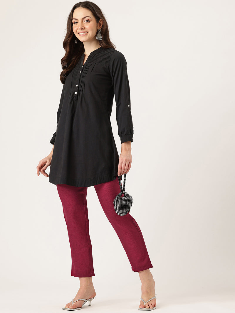 Maroon Linen Trouser - Ankle-Length Pant , Partially Elasticated ,Double Pockets