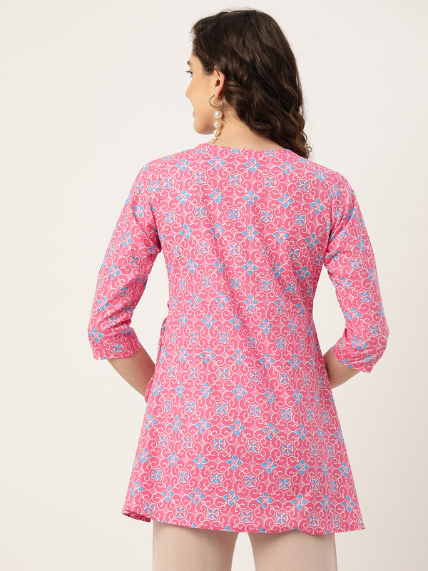 Floral Print Angrakha 3\4 Sleeves Flared Kurti