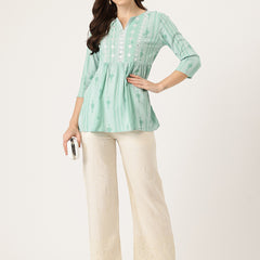 Beige Beige Palazzo|Embroidered, Flax Cotton, Sequin Detail, Ankle-Length, Single Pocket