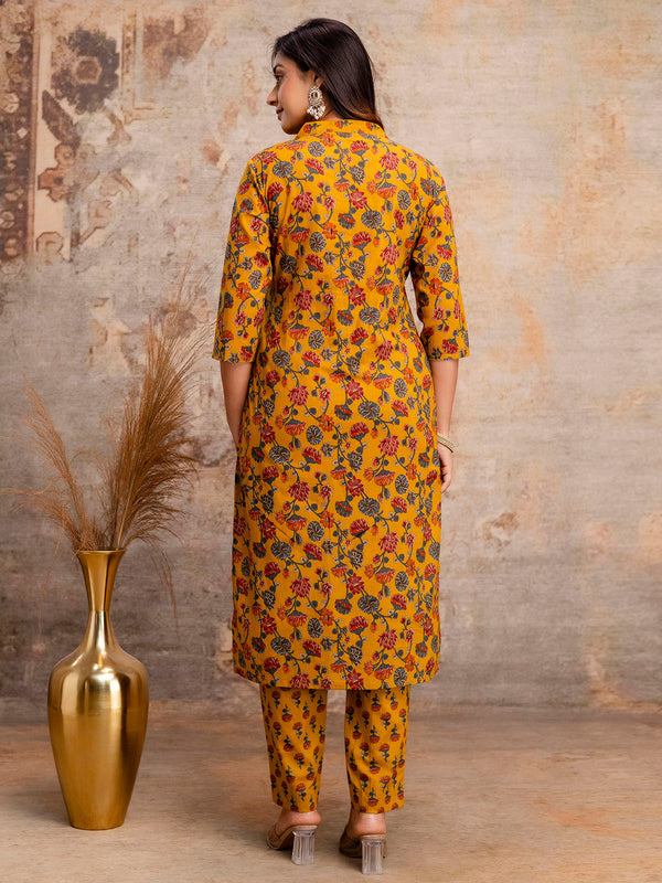 Pure Cotton Mustard Floral Printed 3-Piece Kurta Set with Dupatta
