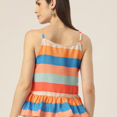 Cropped Sleeveless strap Peplum top with digital print on linen fabric.| Size- Small| Colour - Mustard, Royal, Peach, Aqua